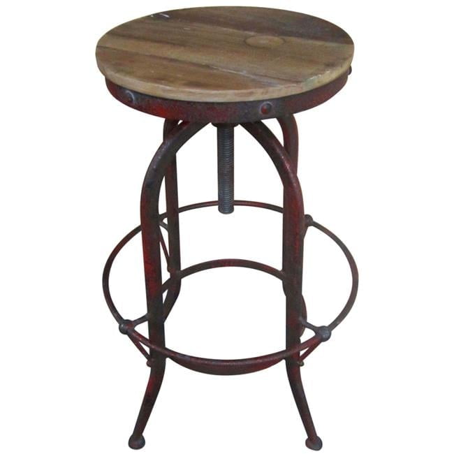 Adjustable Brown Pine and Red Metal Swivel Stool