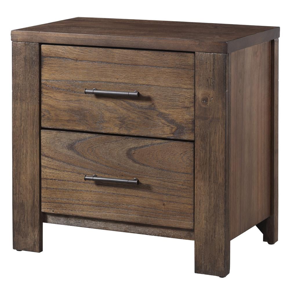 Rustic Brown 2-Drawer Rubberwood Nightstand