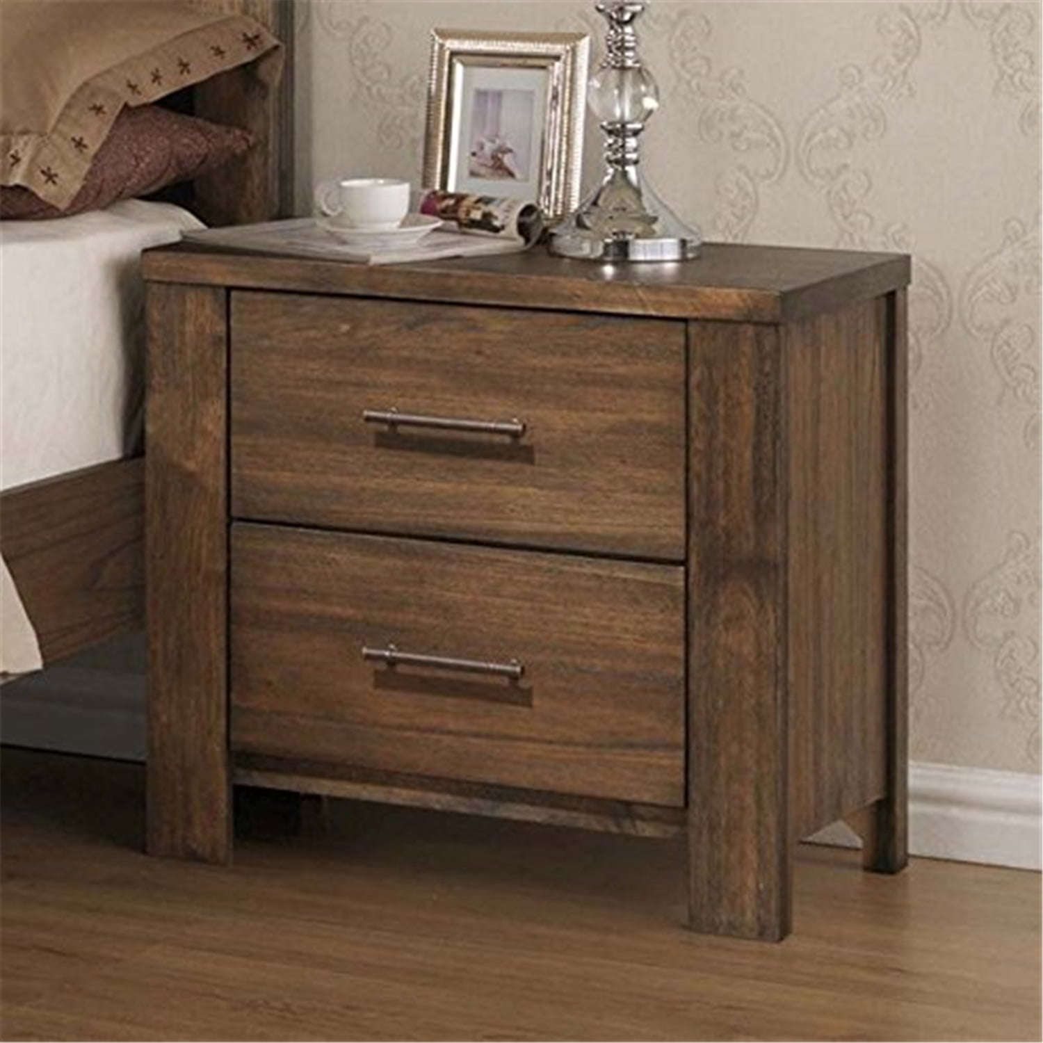 Rustic Brown 2-Drawer Rubberwood Nightstand