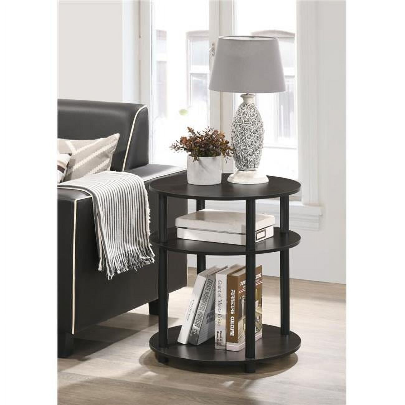 Espresso Brown 3-Tier Round Bedside Table with Open Shelves