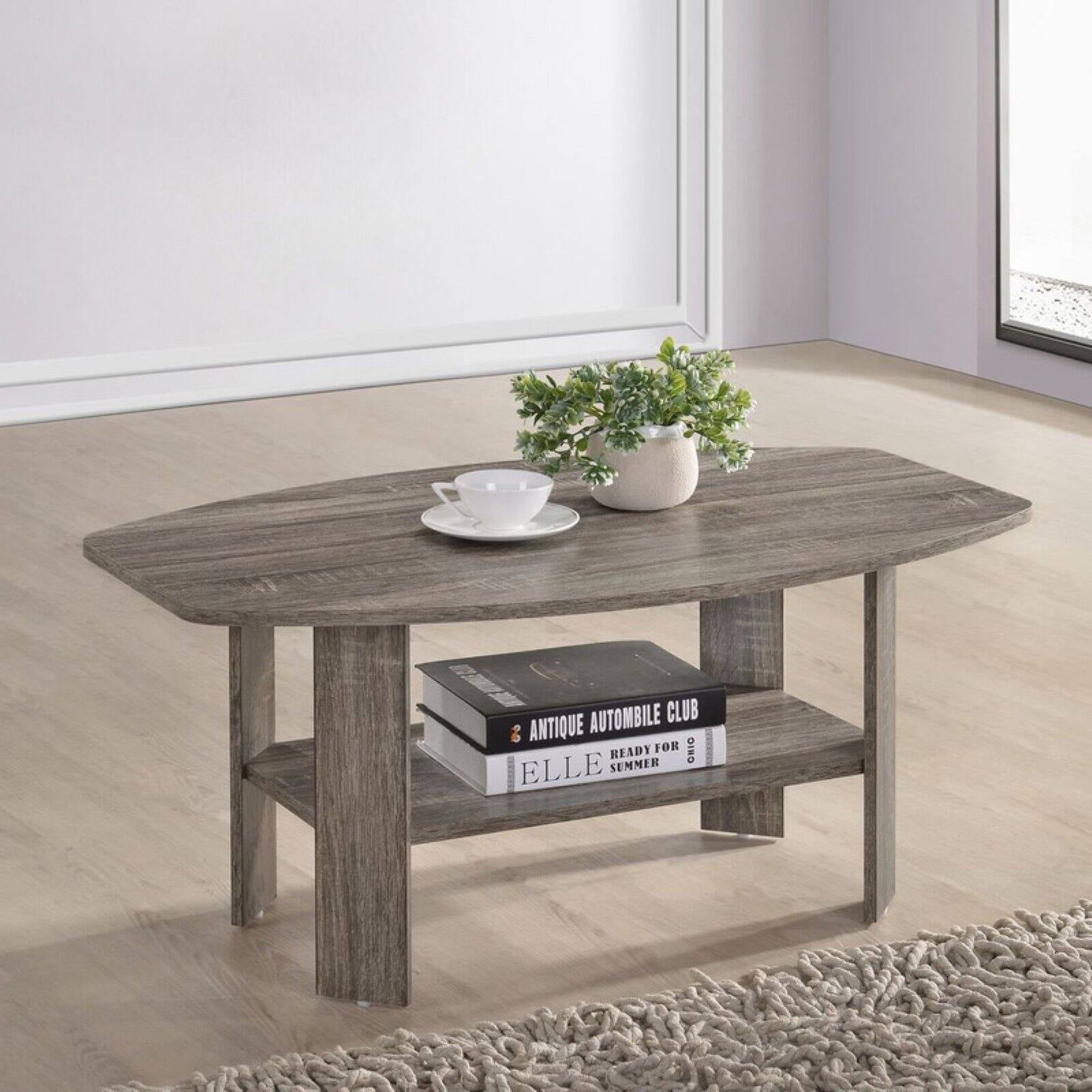 Taupe Gray Rectangular Wood Coffee Table with Shelf
