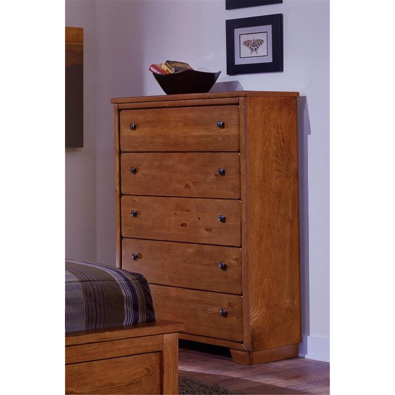 Cinnamon Pine Transitional 5-Drawer Chest with Dark Brass Hardware