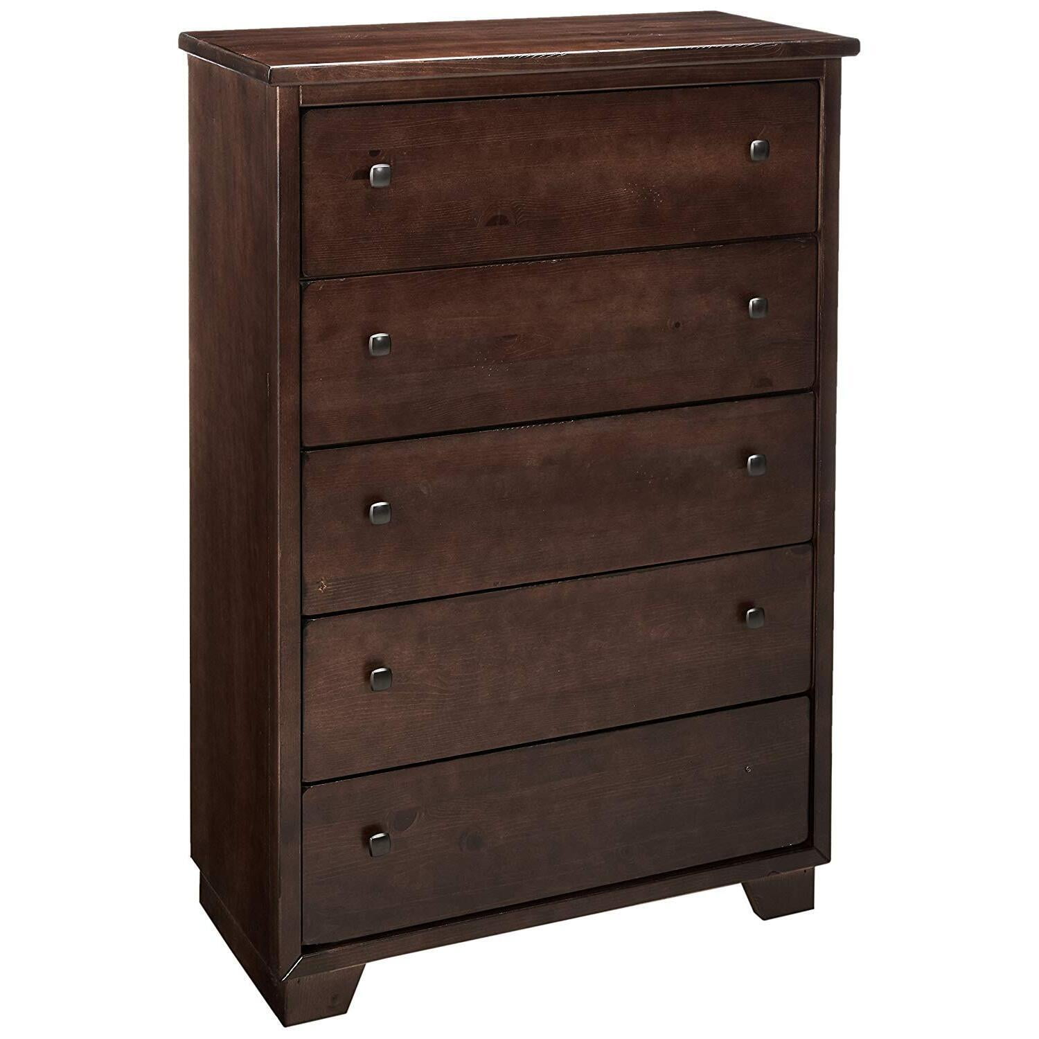 Espresso Pine Transitional 5-Drawer Chest with Brass Hardware