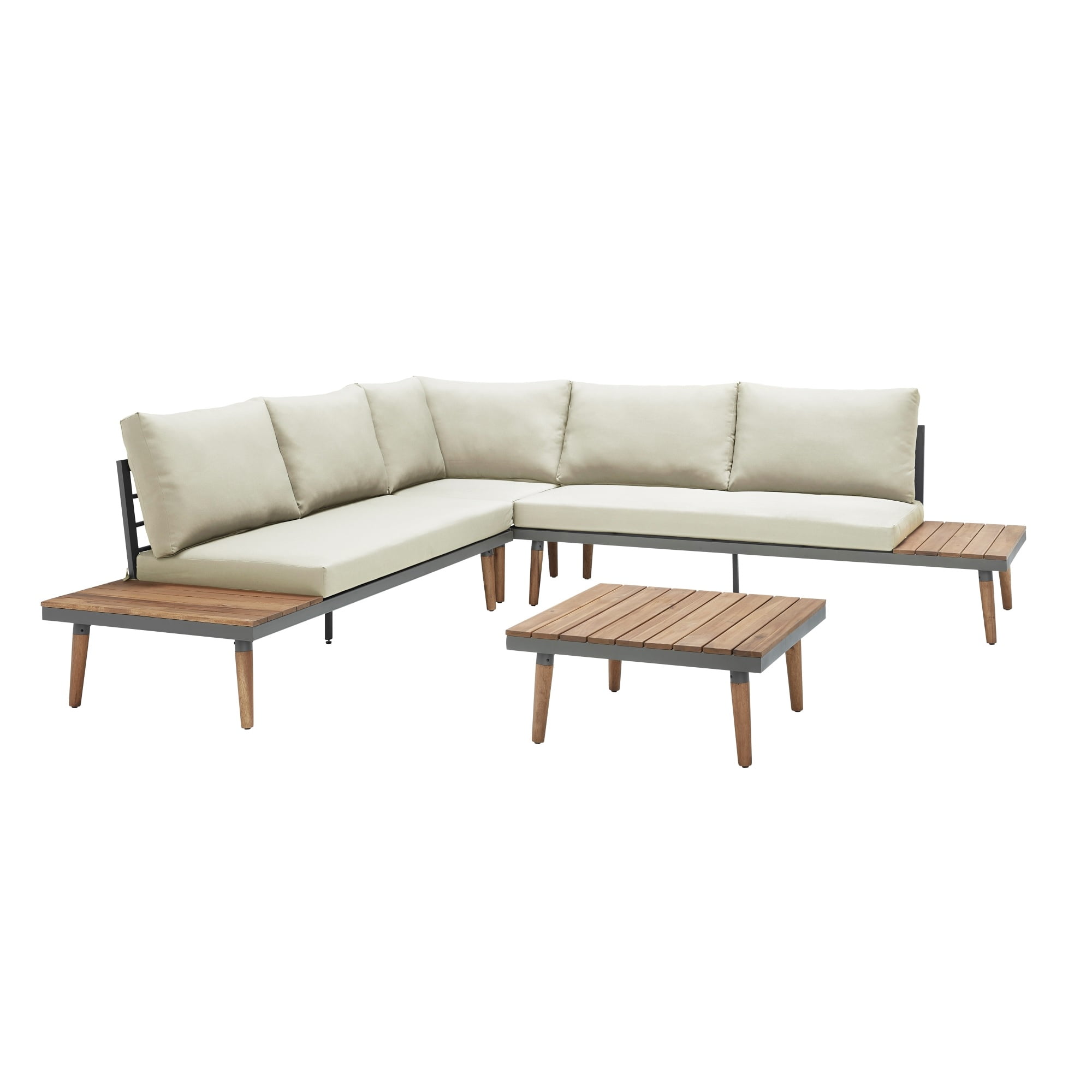 Cream Acacia Wood and Steel Outdoor Sectional with Side Tables