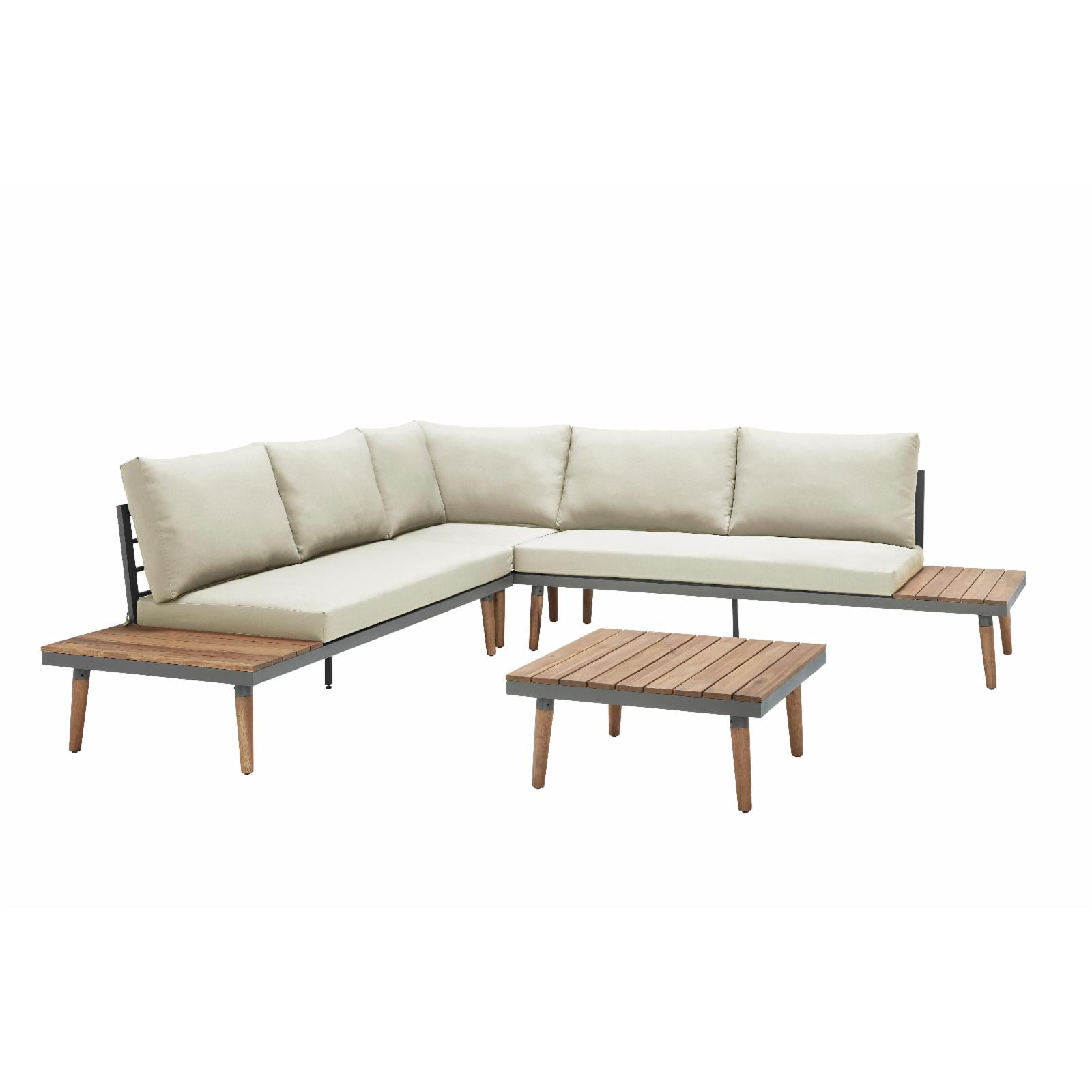 Cream Acacia Wood and Steel Outdoor Sectional with Side Tables