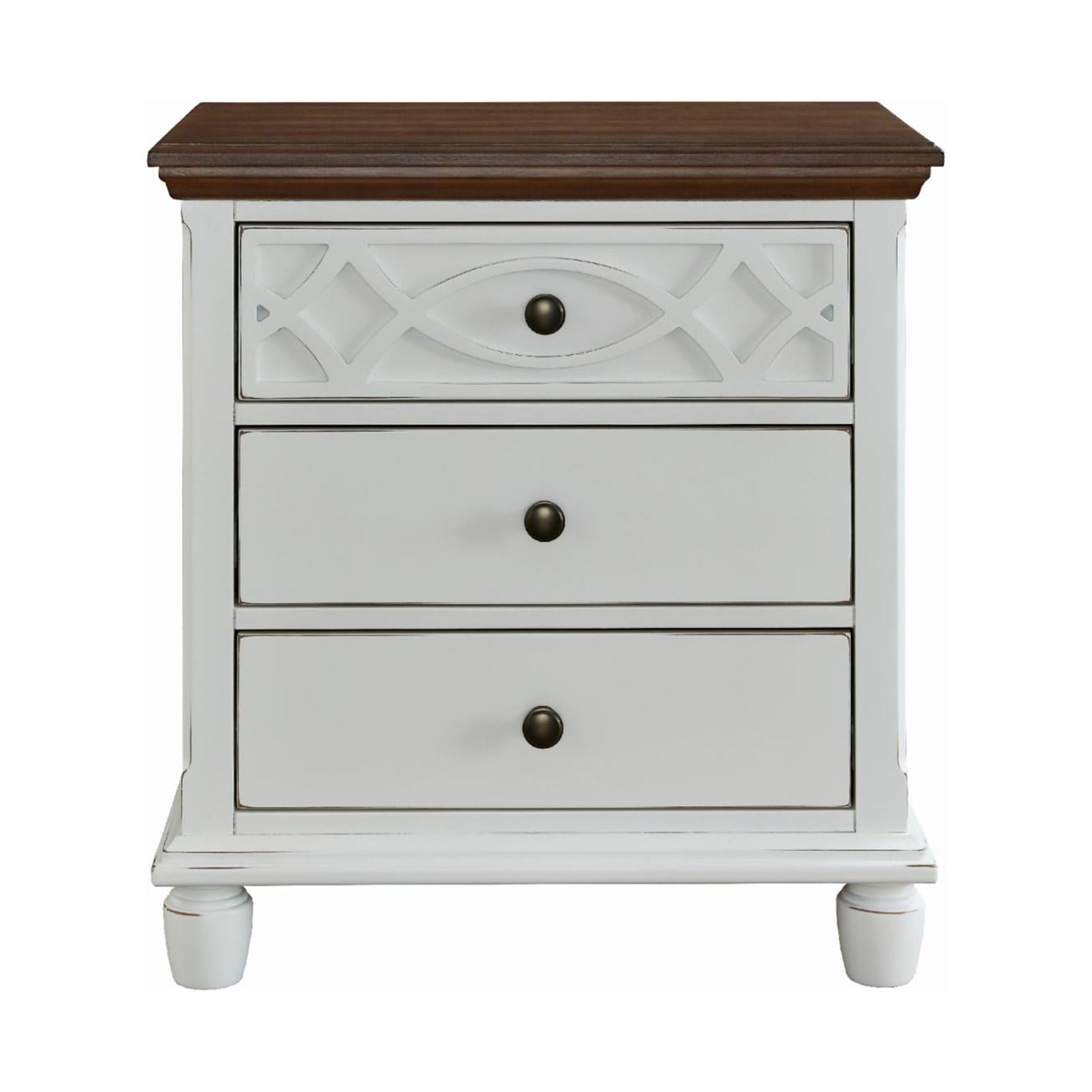 Transitional Oak Brown and White 3-Drawer Nightstand