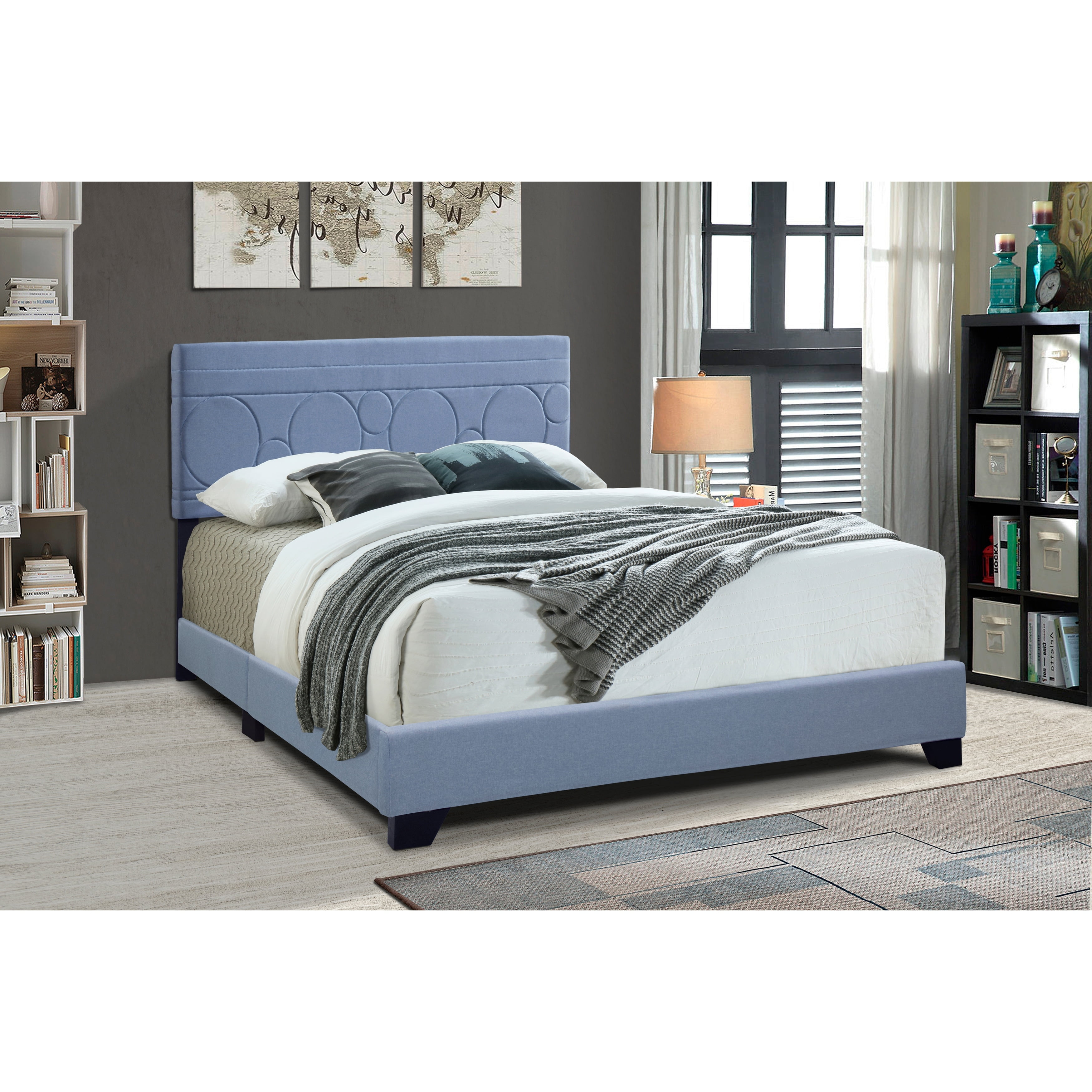 Contemporary Queen Upholstered Bed in Powder Blue Faux Leather