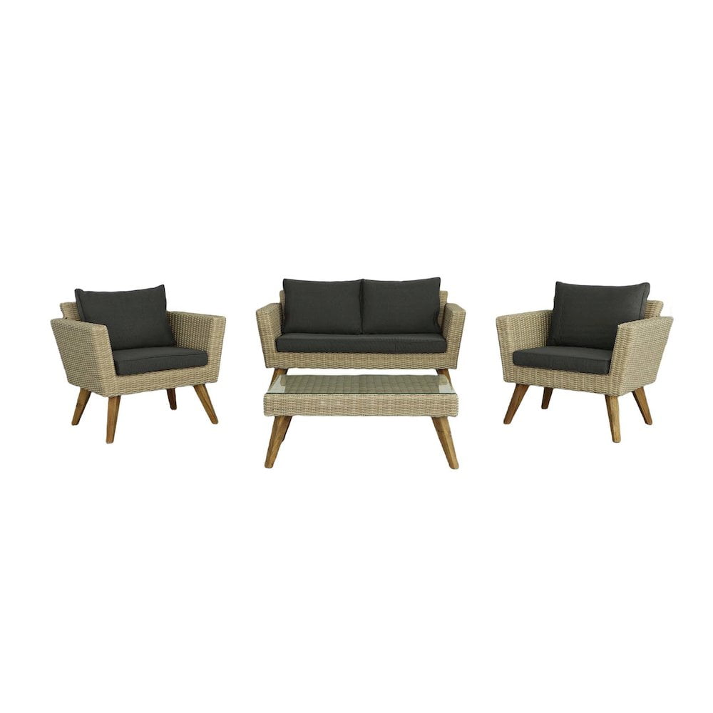Beige and Gray Wicker 4-Piece Outdoor Seating Set with Cushions