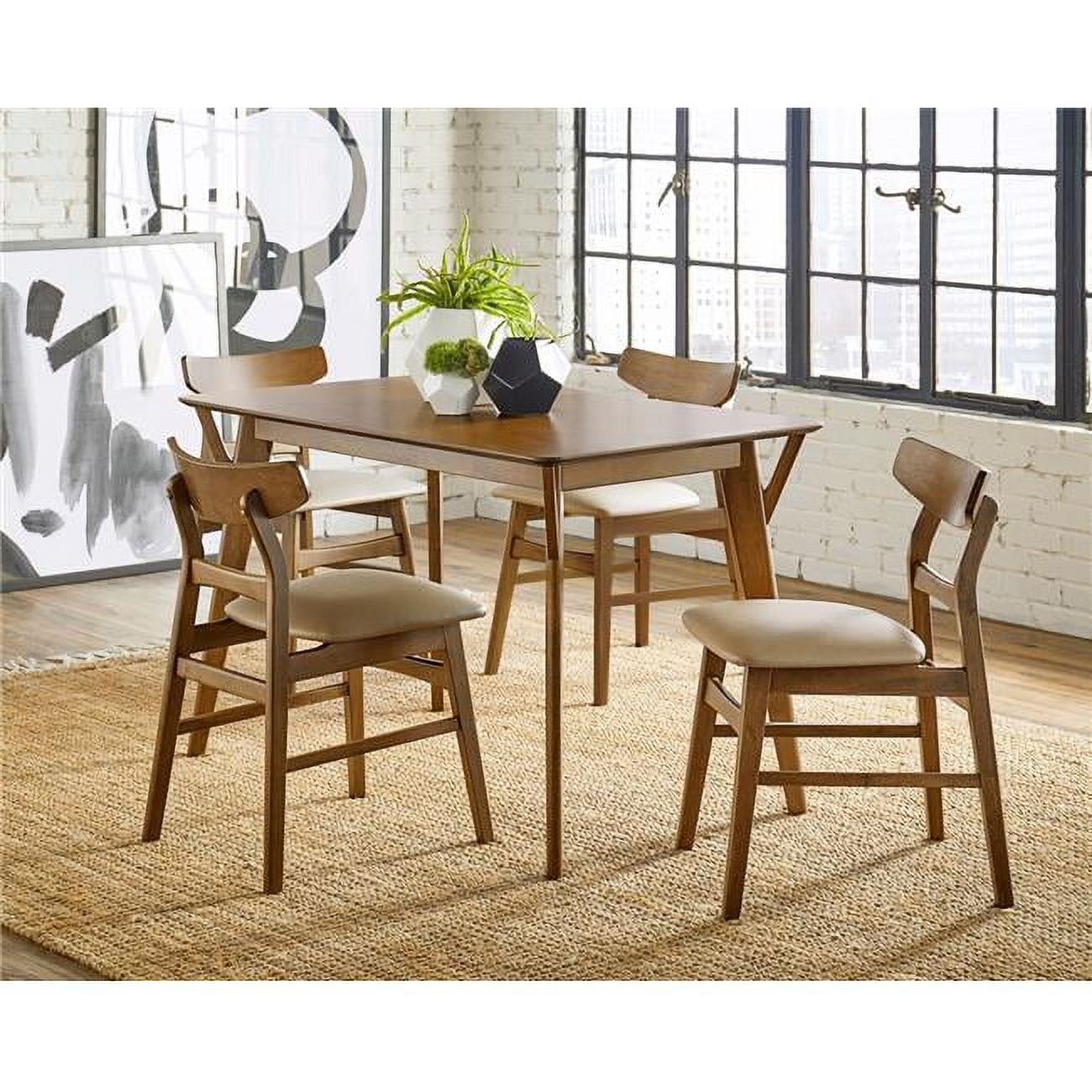 Toffee Tan Wood Dining Table with 4 Beige Upholstered Chairs