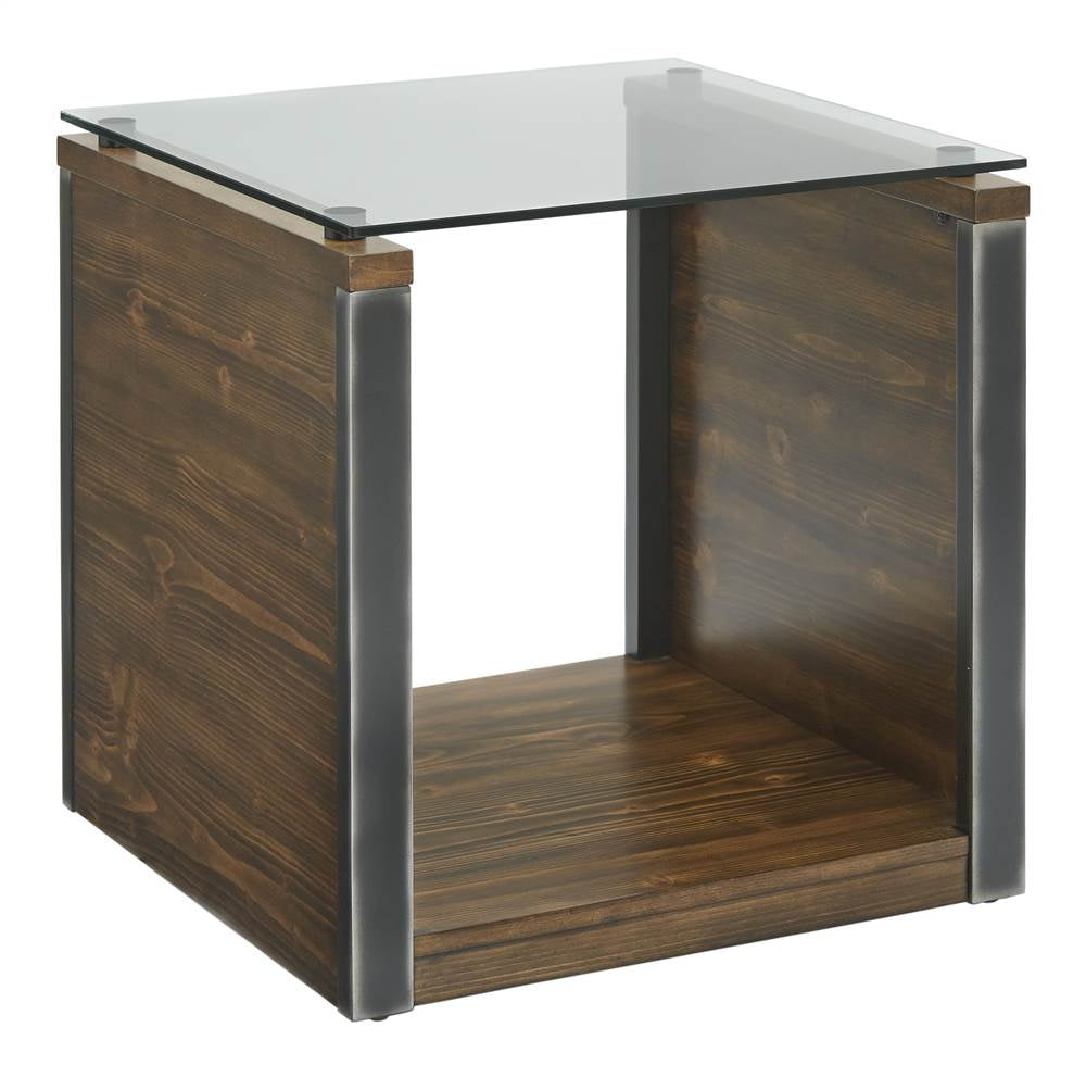 Transitional Toffee Brown Square Wood & Glass End Table with Storage