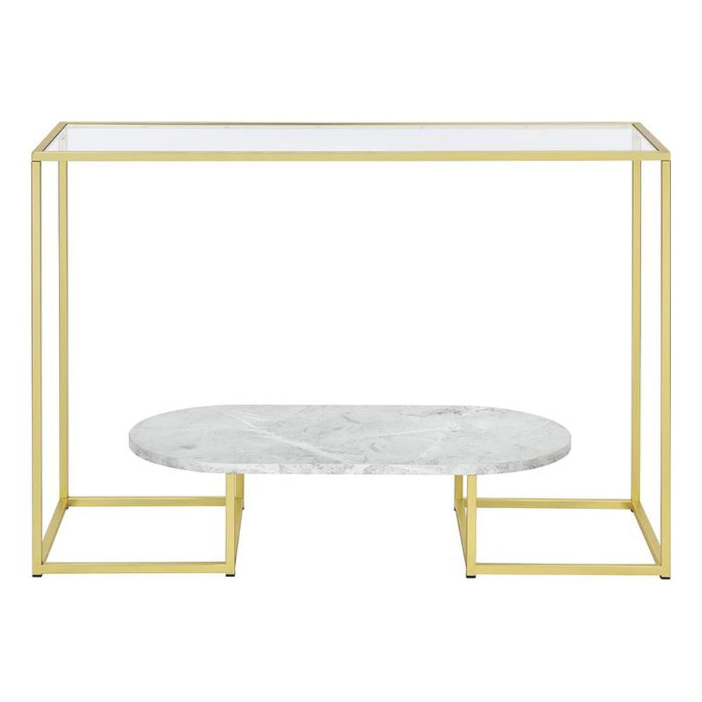 Gold Glass Top Console Table with Faux Marble Shelf