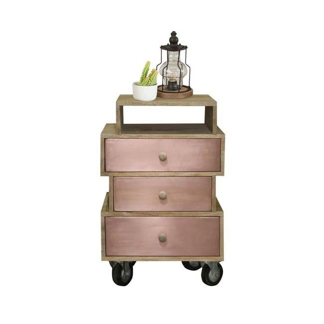 Asymmetrical Beige & Copper 3-Drawer Nightstand with Open Shelf