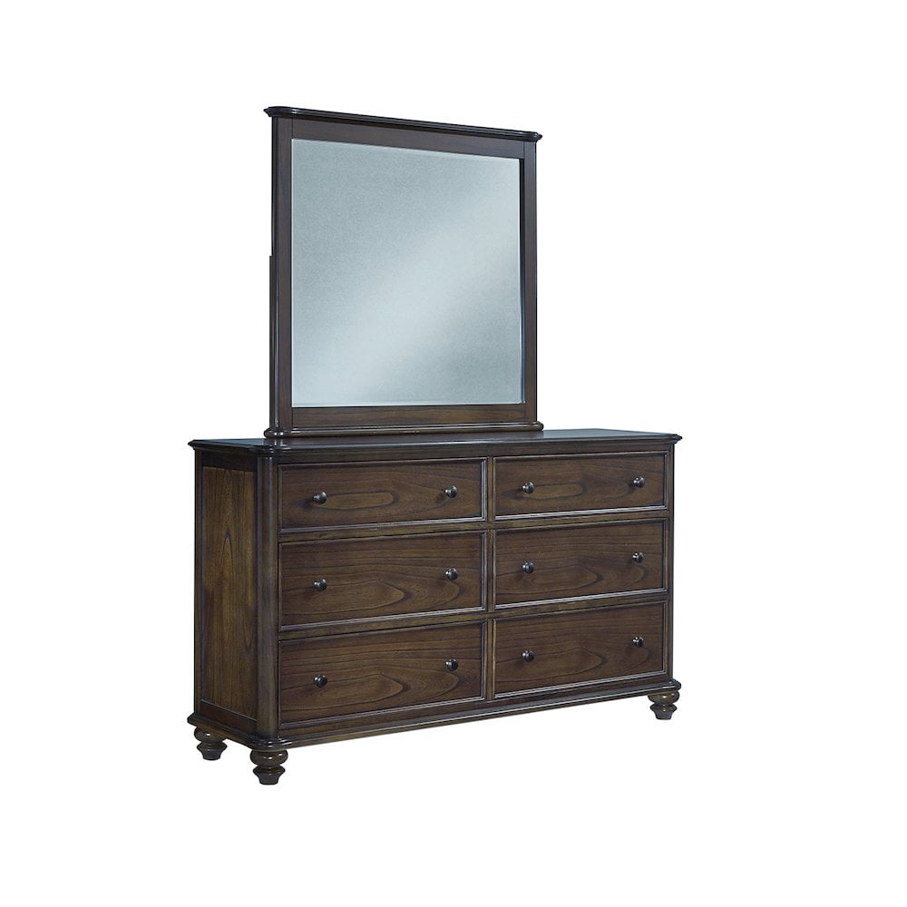 Aged Oak Brown 6-Drawer Dresser with Mirror