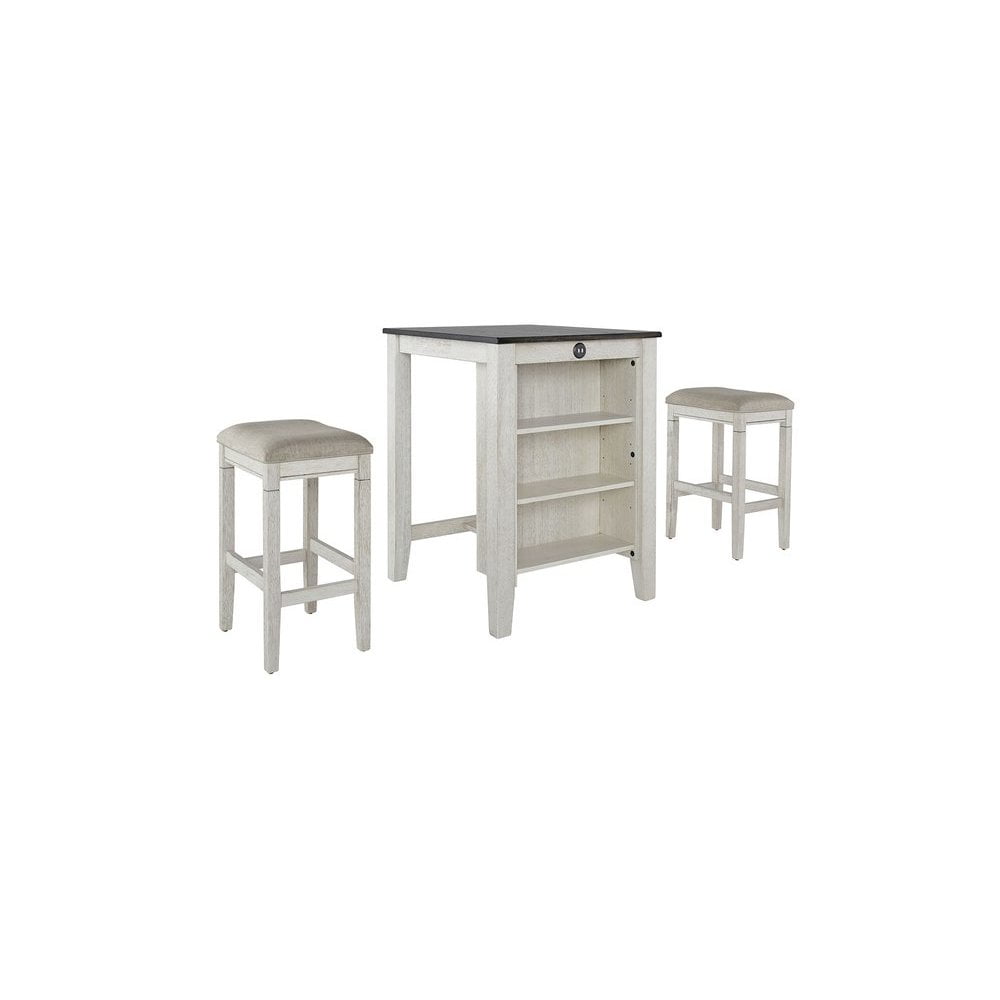 Antique White and Weathered Pepper Oak Counter Table Set with Linen Stools