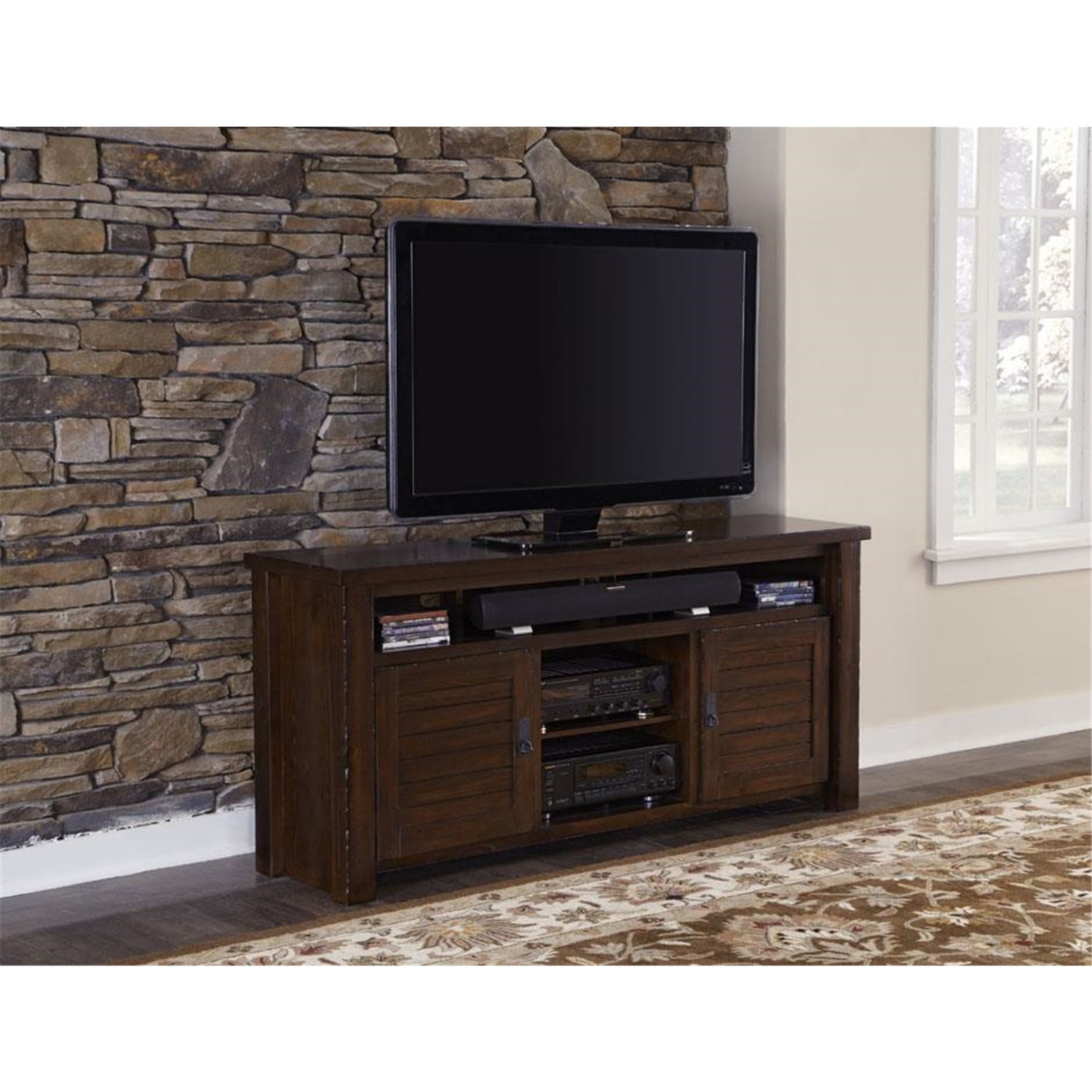 Colonial Mesquite Pine 64" TV Stand with Glass Cabinet Doors