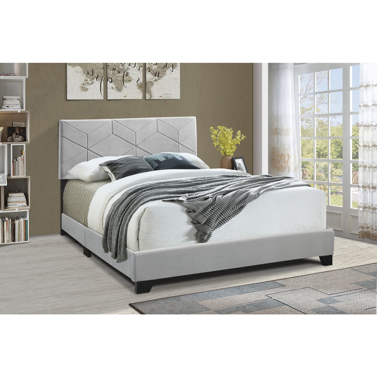 Glacier Gray Velvet Upholstered Queen Bed with Headboard