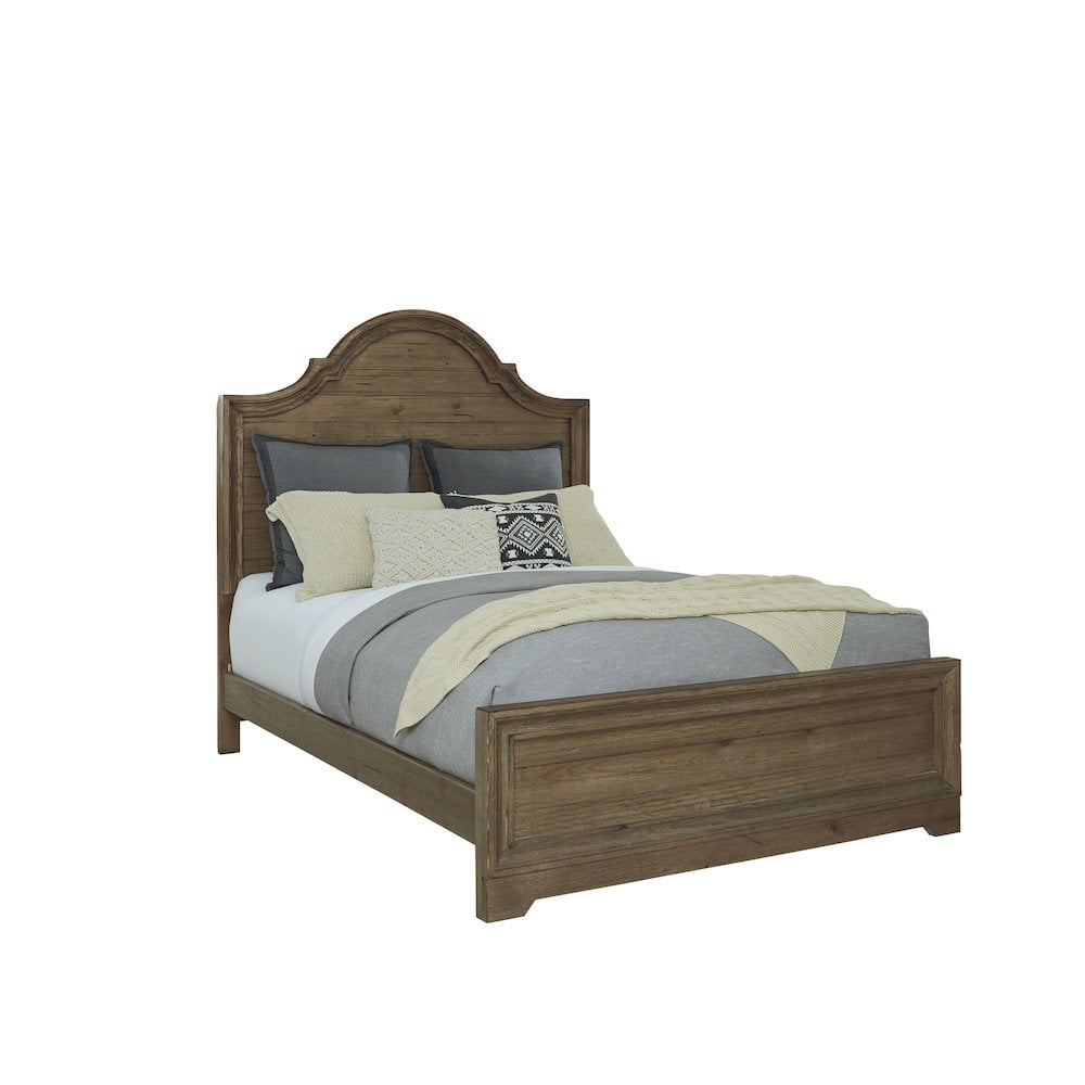 Caramel Brown Pine Wood King Panel Bed with Arched Headboard