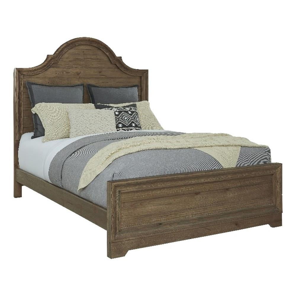 Caramel Brown Pine Wood King Panel Bed with Arched Headboard