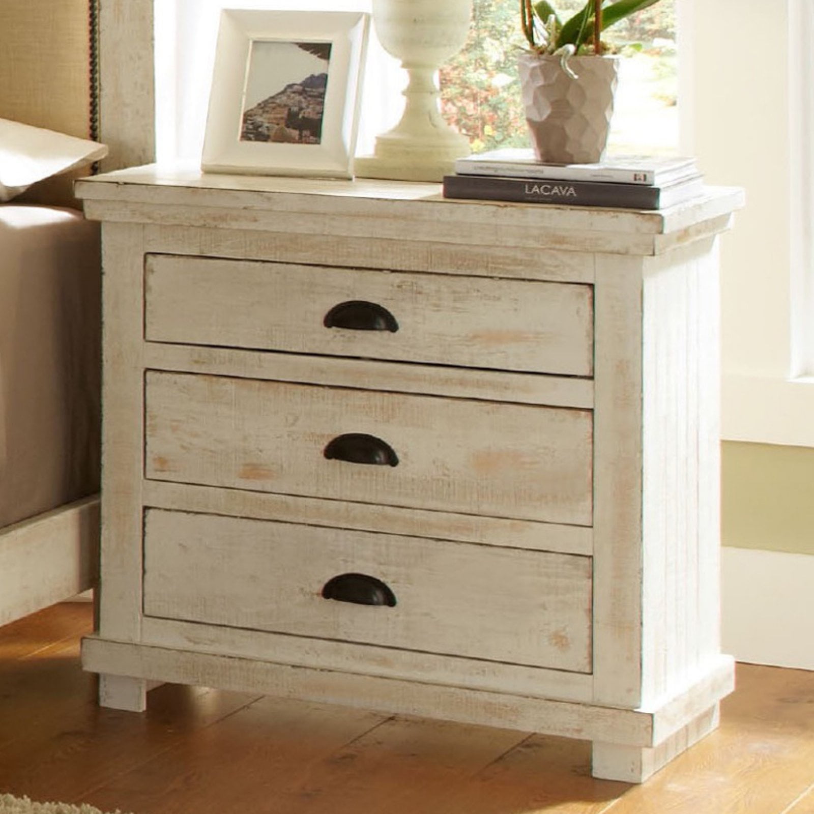 Lodge-Style Distressed Wood 3-Drawer Nightstand with Gunmetal Handles