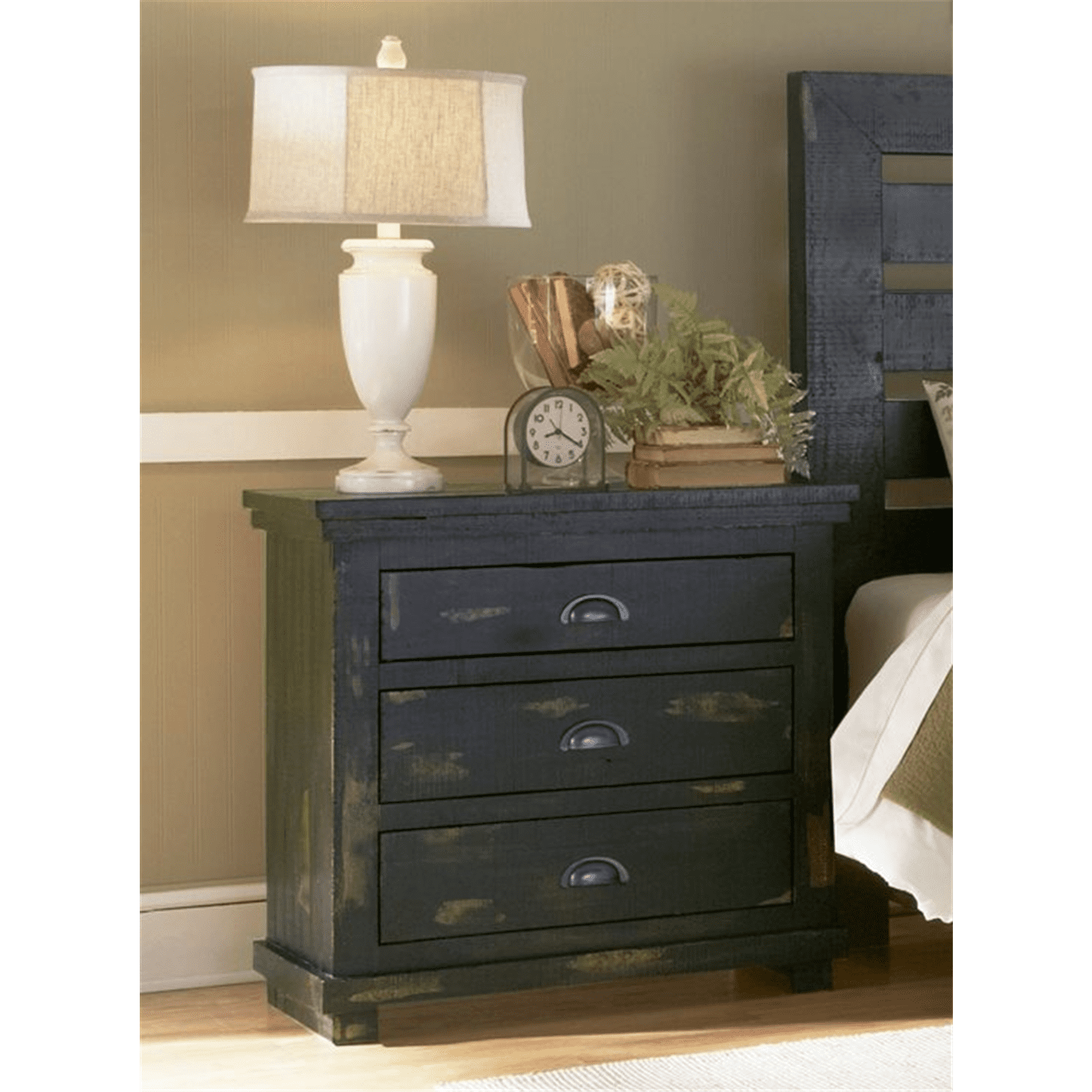 Rustic Elegance 3-Drawer Nightstand in Distressed Black