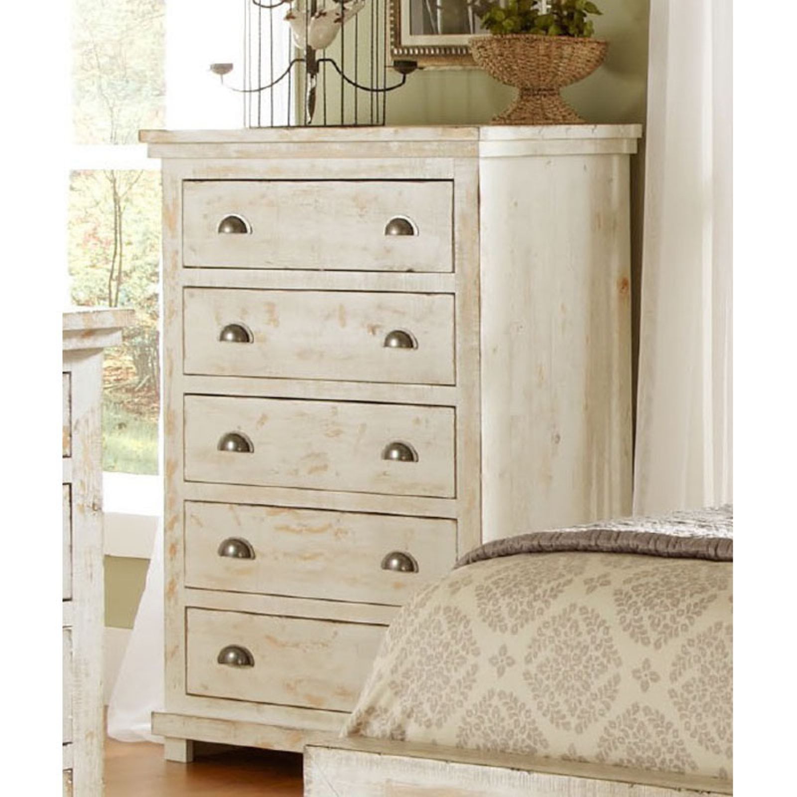 Willow Distressed White Solid Wood 5-Drawer Cottage Chest