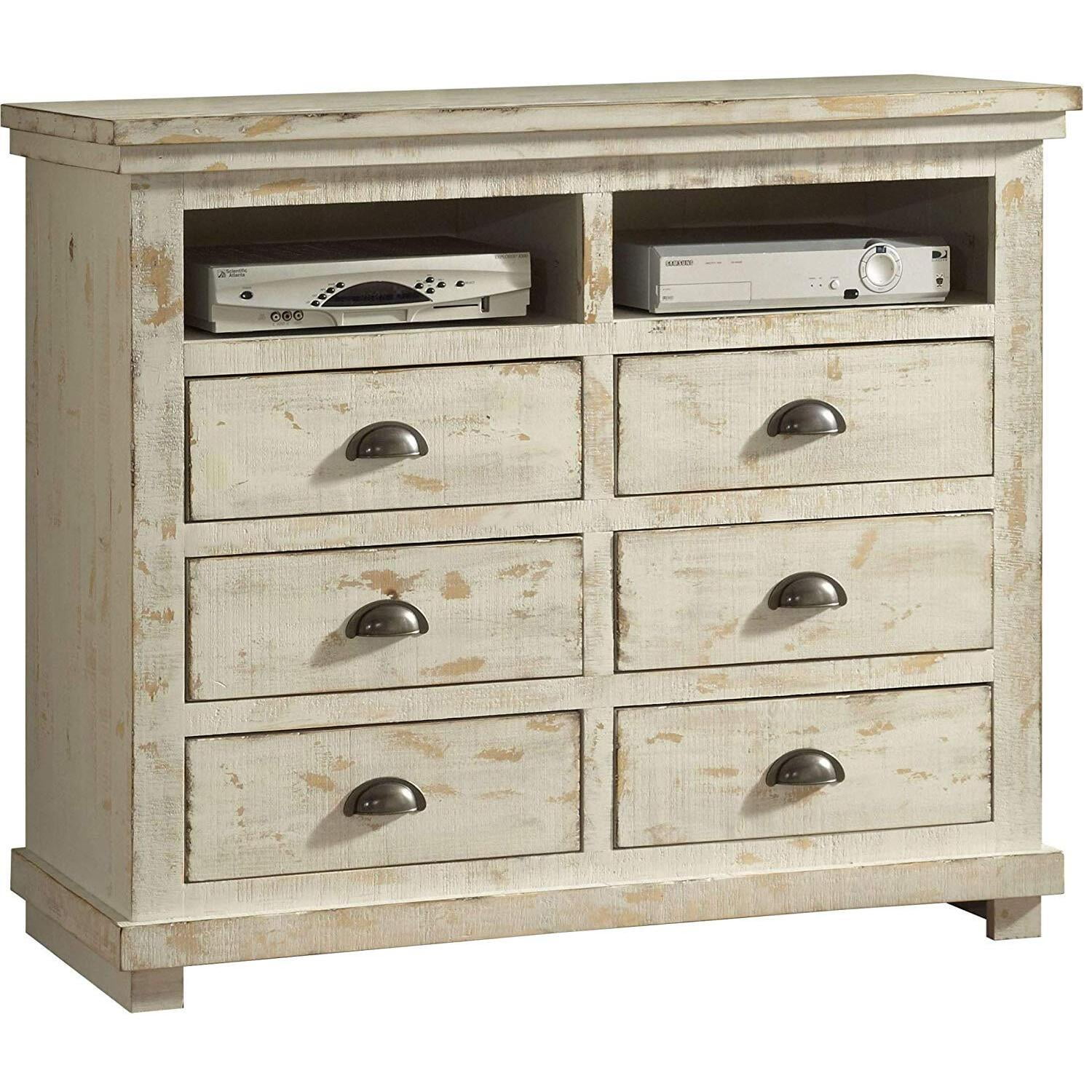 Wolferstorn Distressed White 6-Drawer Media Chest in Solid Pine