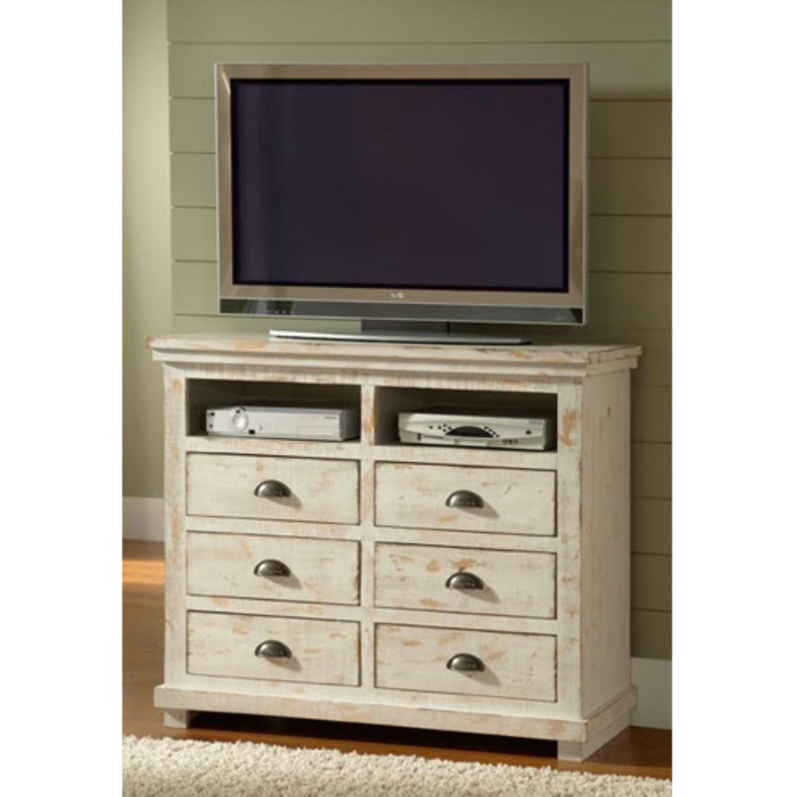 Wolferstorn Distressed White 6-Drawer Media Chest in Solid Pine