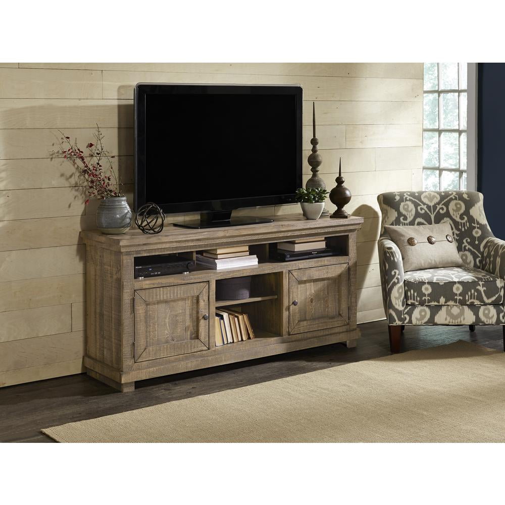 Rustic Weathered Gray 64'' Pine Media Console with Cabinet