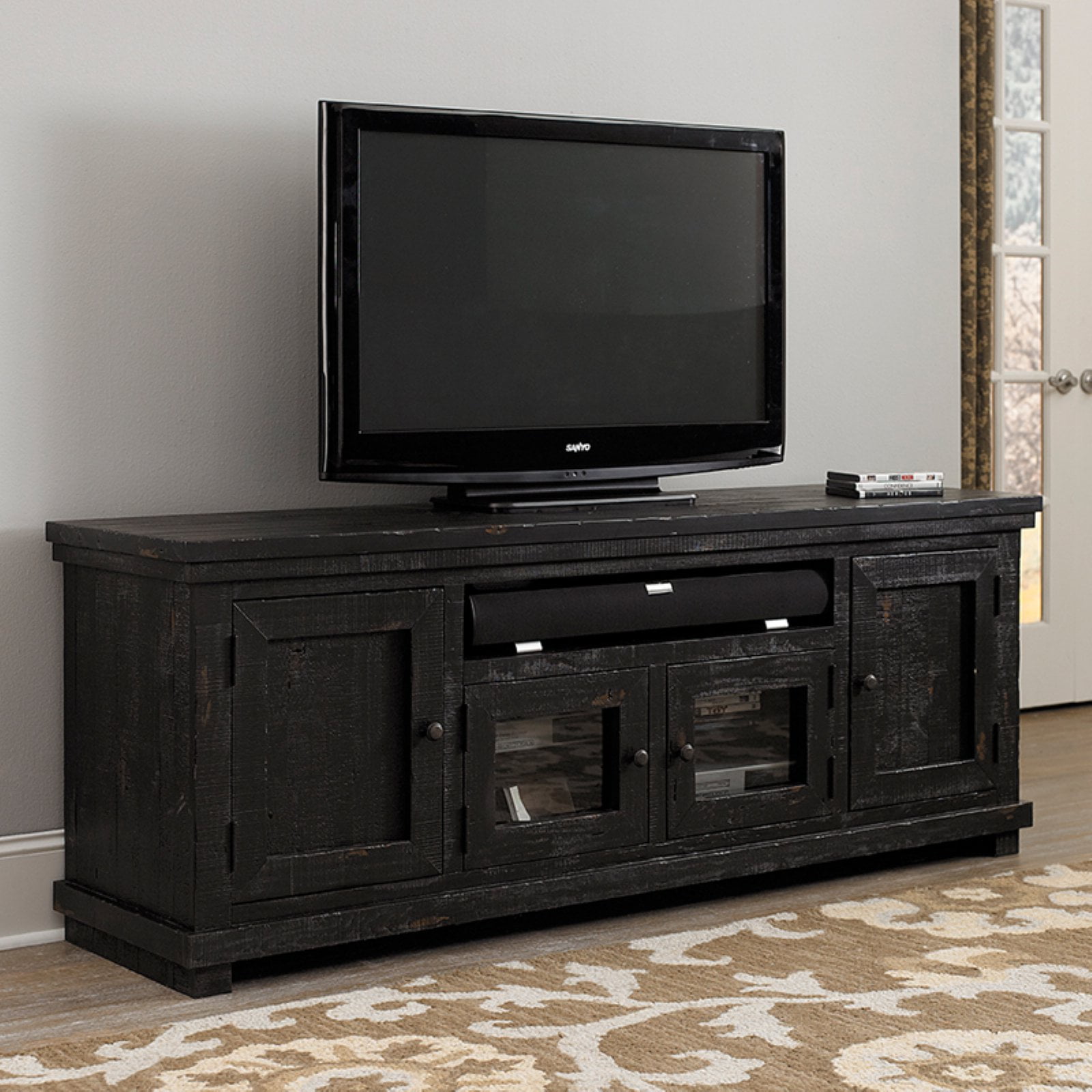 Distressed White Solid Pine 74" Rustic Media Console with Cabinet
