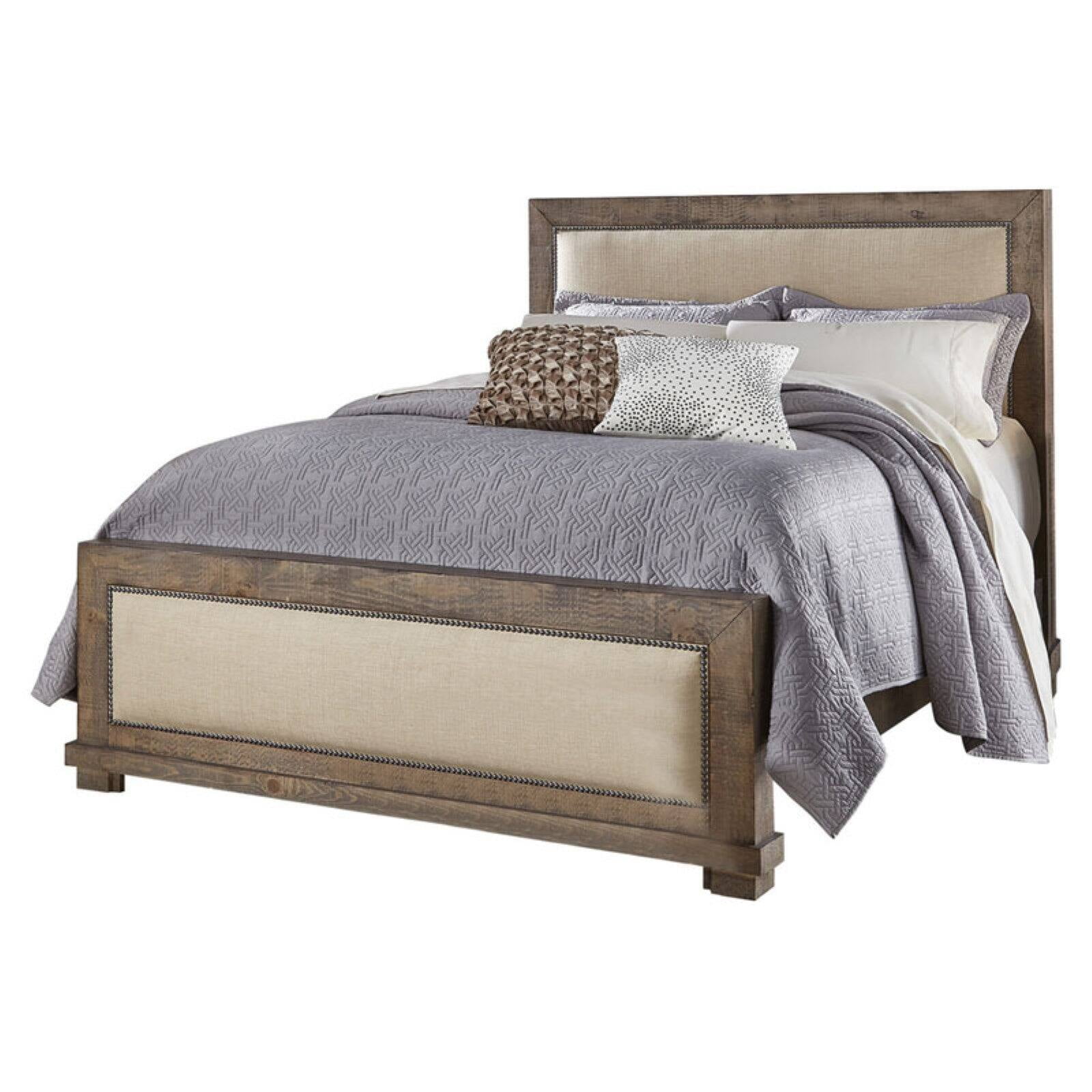 Rustic Beige King Upholstered Bed with Nailhead Trim and Pine Frame