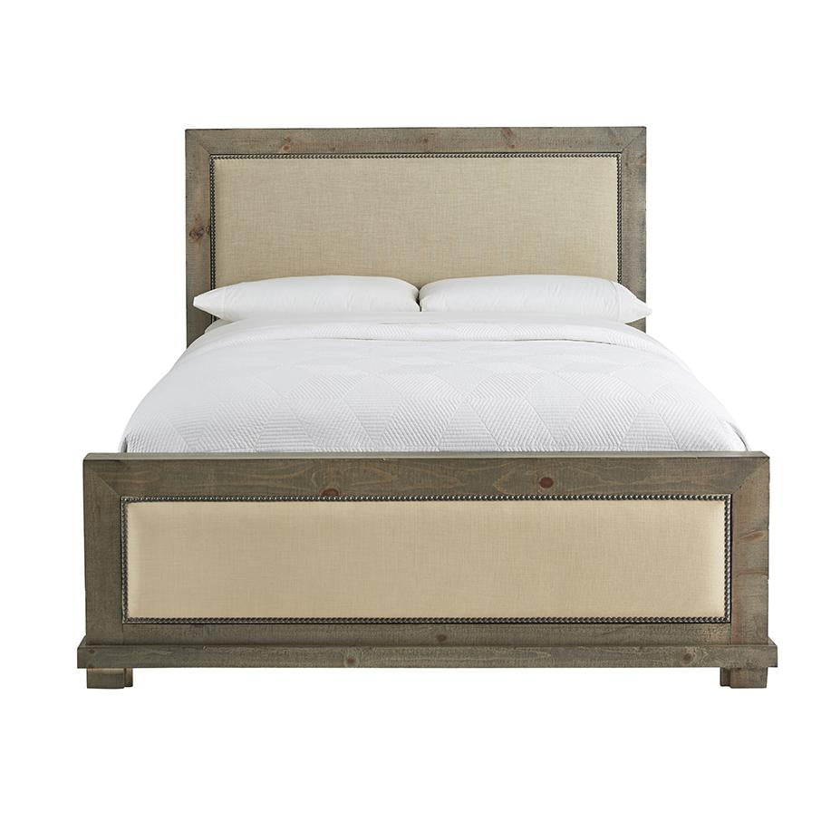 Rustic Beige King Upholstered Bed with Nailhead Trim and Pine Frame
