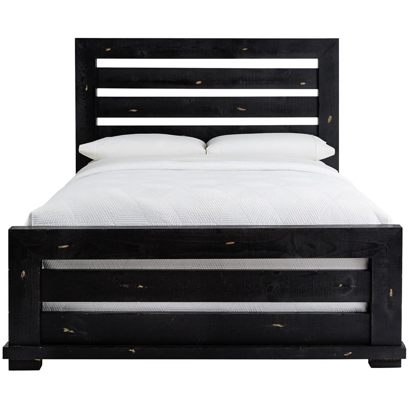 Distressed Black Pine King Panel Bed with Wide Slat Headboard