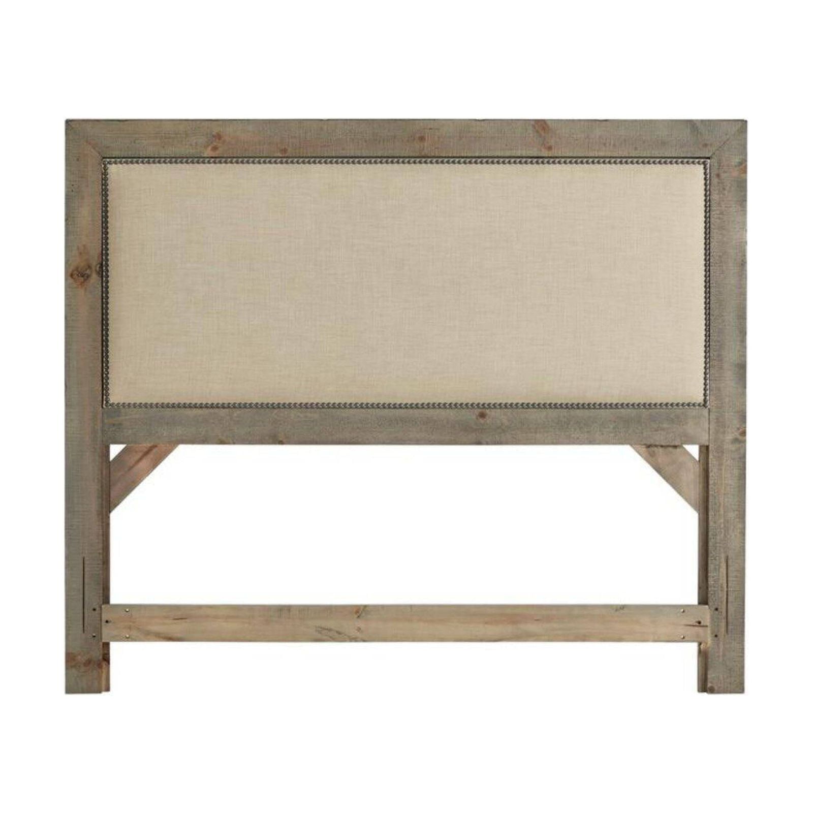 Weathered Gray Queen Upholstered Headboard with Nailhead Trim
