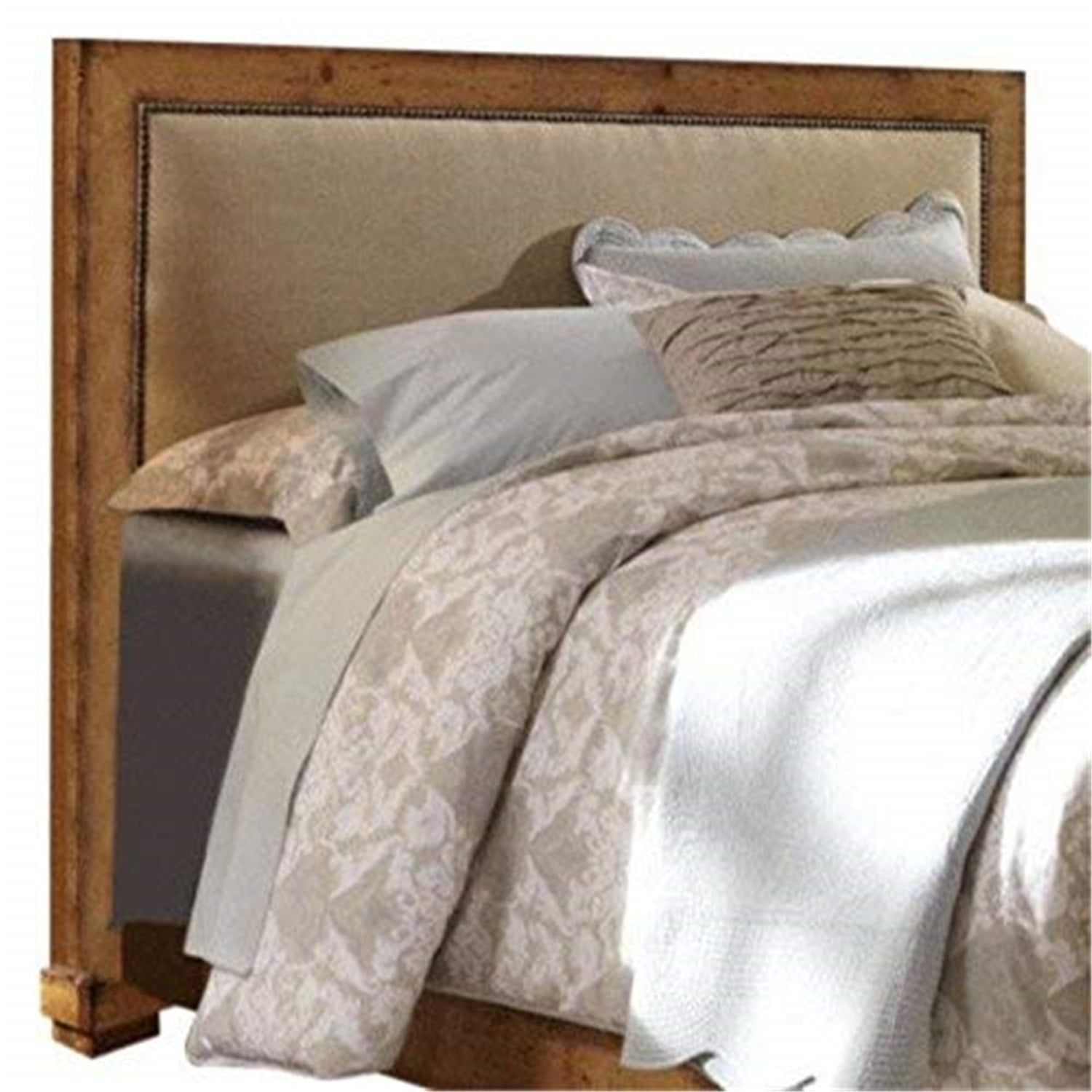Distressed Pine Upholstered King Headboard with Nailhead Trim