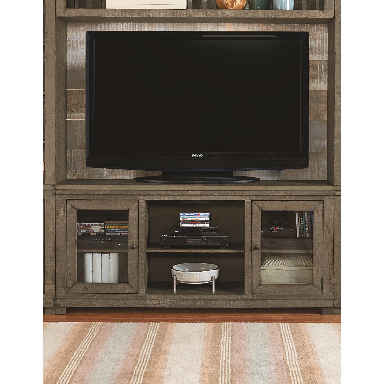Weathered Gray 68 Inch Rustic Pine TV Console with Cabinet