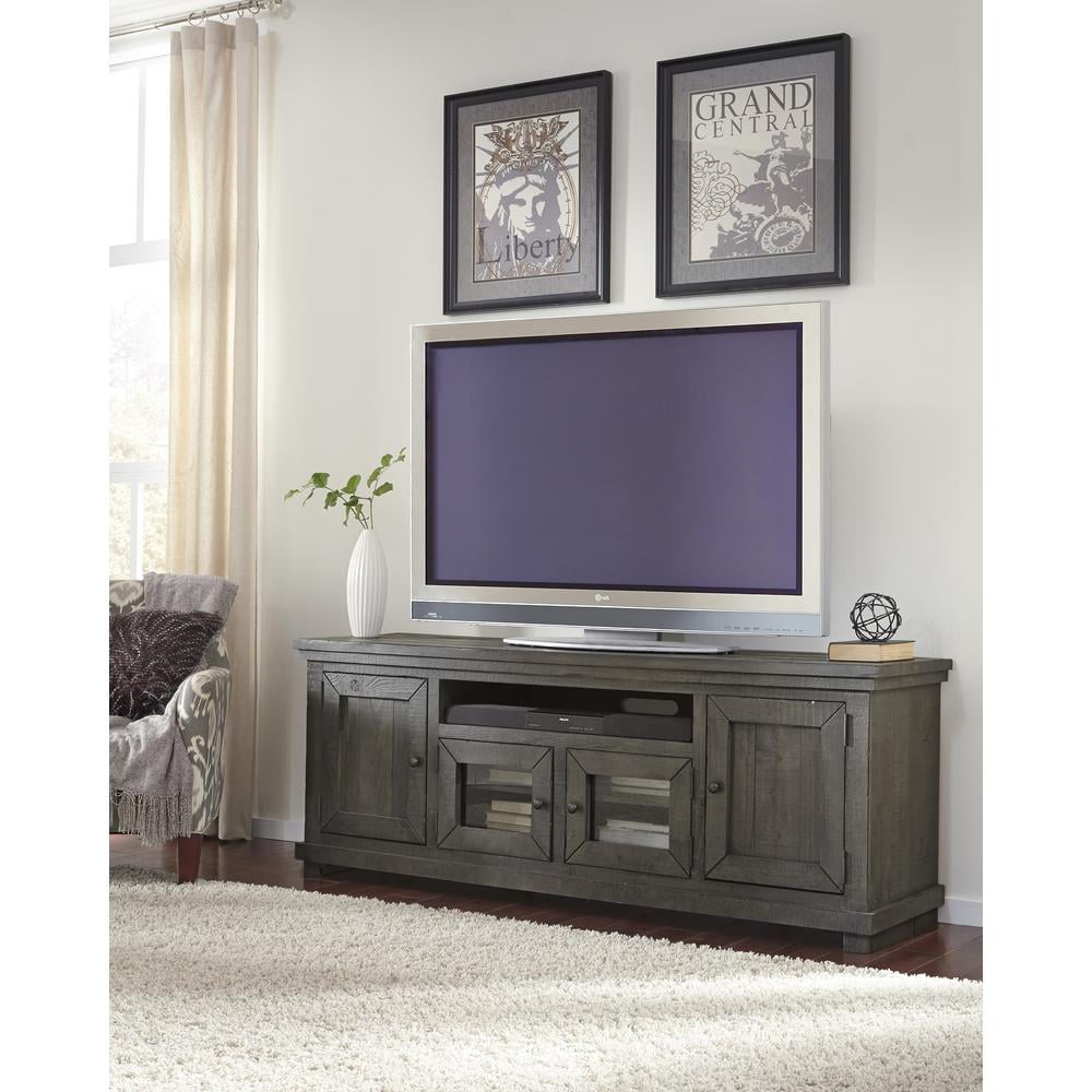 Transitional Gray 74" Solid Pine Media Console with Adjustable Shelves