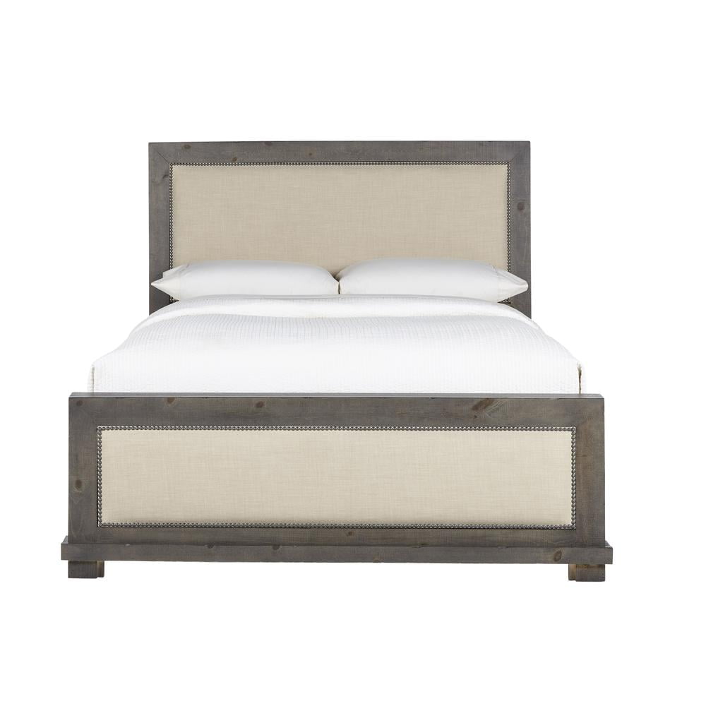 Willow Distressed Dark Gray King Upholstered Bed with Nailhead Trim
