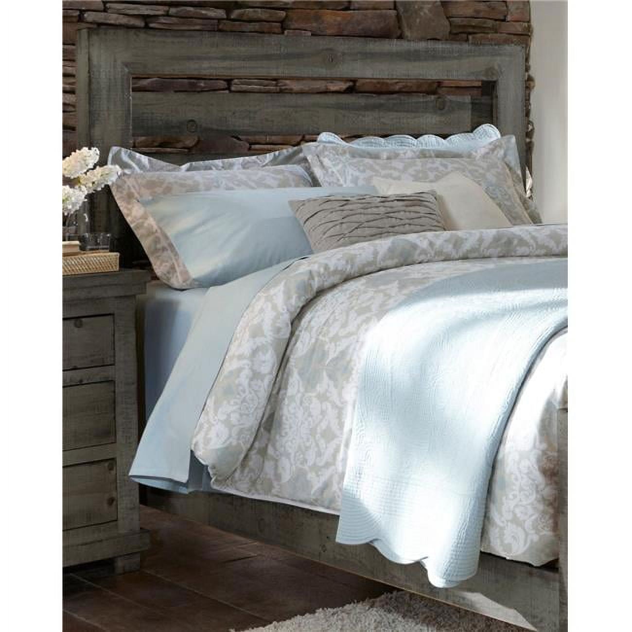 Transitional Gray Pine Queen Panel Bed with Upholstered Headboard