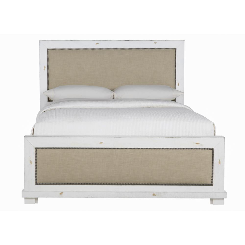 Rustic Linen-Trim King Upholstered Bed with Nailhead Detail in Beige