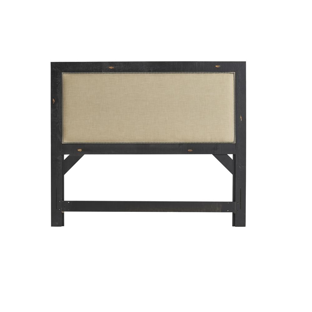 Distressed Black Upholstered King Headboard with Wood Frame