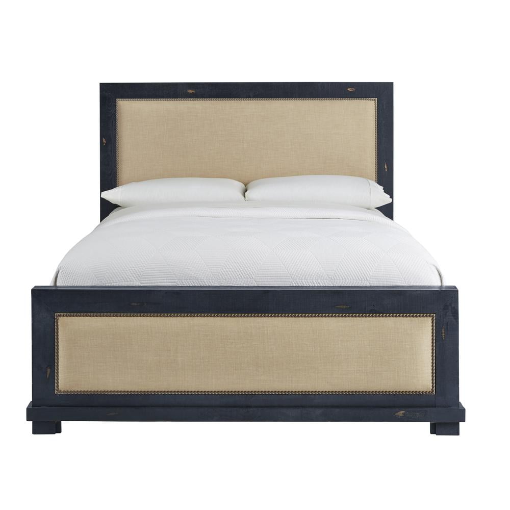 Rustic Pine Queen Upholstered Bed with Linen Nailhead Trim
