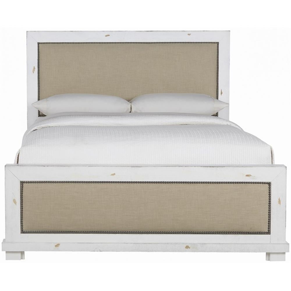 Rustic Pine Queen Bed with Linen Upholstered Headboard and Storage