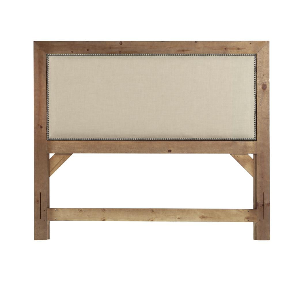 Distressed Pine Upholstered Queen Headboard with Nailhead Trim