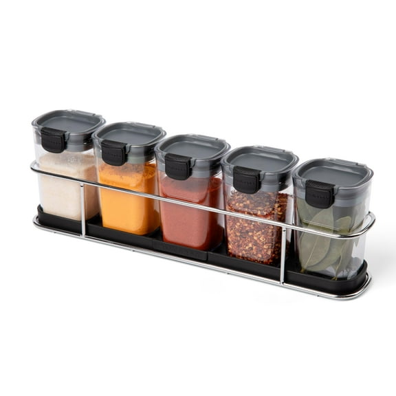 Progressive International ProKeeper+ 6-Piece Spice Rack Set - Airtight, BPA-Free, Dishwasher Safe, Sits on Countertop or Mounts to Wall/Cabinet, Includes 24 Labels