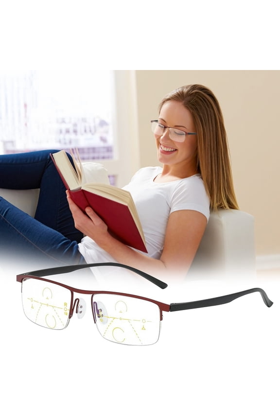 Progressive Multifocal Reading Glasses Blue Light Blocking, Automatic Zoom Near Far Vision Eyeglasses, Lightweight Metal Half-Frame Computer Goggles for Men Women Elderly (Red)
