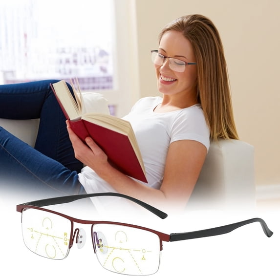 Progressive Multifocal Reading Glasses Blue Light Blocking, Automatic Zoom Near Far Vision Eyeglasses, Lightweight Metal Half-Frame Computer Goggles for Men Women Elderly (Red)