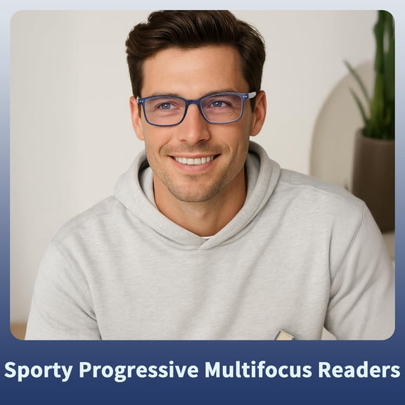 Progressive Multifocal Reading Glasses, Blue Square Frame with Distance, Transition & Reading Zones
