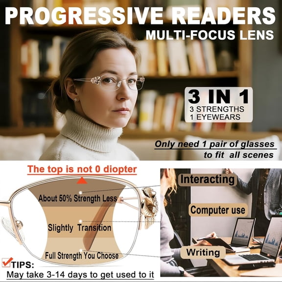 Progressive Multifocal Reading Glasses, Rimless Rose Gold Frame, Anti-Blue Light