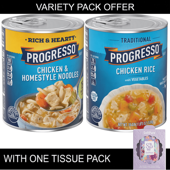 Progresso Chicken & Homestyle Noodles and Chicken Rice with Vegetables Canned Soup Variety Pack, 19 oz Cans