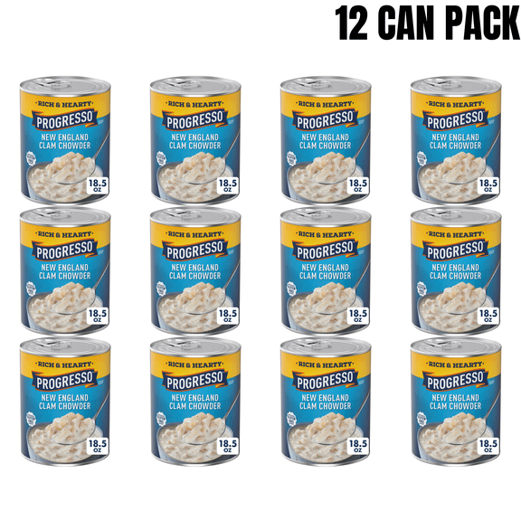 Progresso New England Clam Chowder Soup, Rich & Hearty Gluten Free Ready-to-Serve Canned Soup, 18.5 oz Cans, Pack of 12